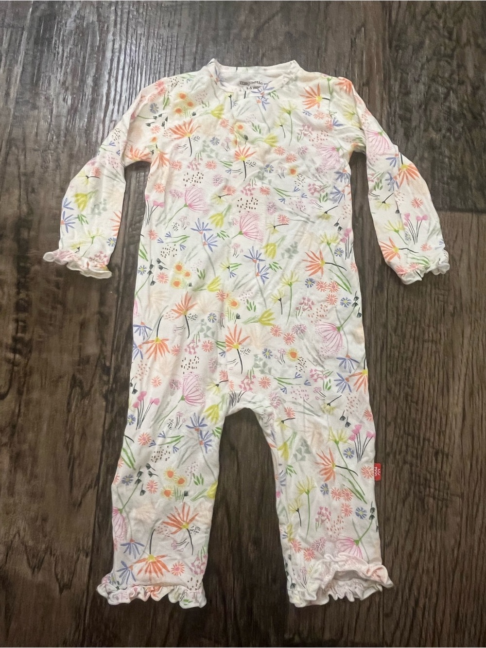 Magnetic Me White Floral Long-Sleeve Footie with Pastel Flowers